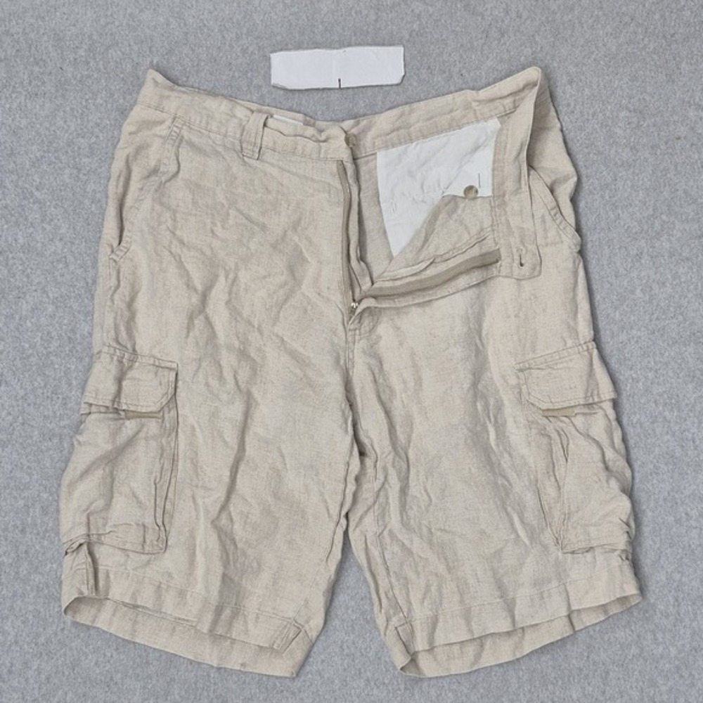 Reunion Men Shorts 36 Beige Linen Cargo Button‎ 11" Inseam Outdoor Coastal Beach